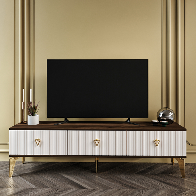 180 cm Zeugma MDF membran kapaklı TV sehpası ekru ceviz gold