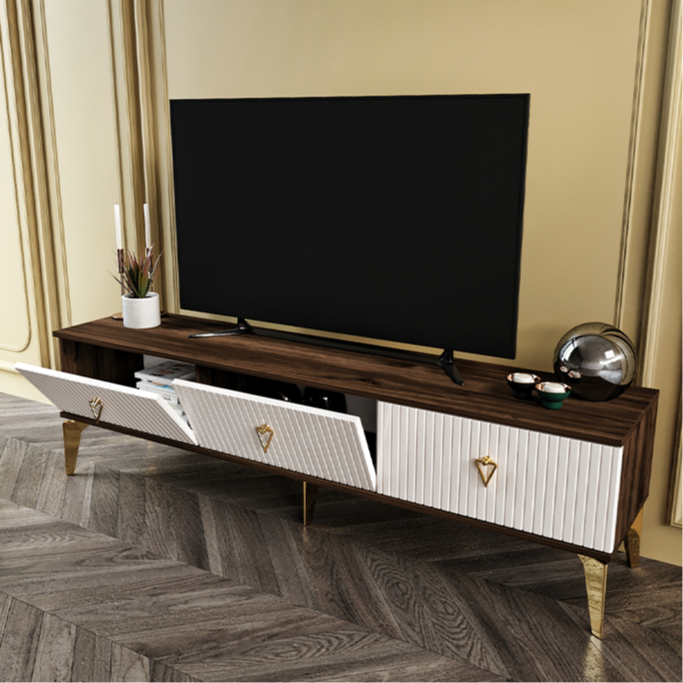 180 cm MDF membran kapaklı modern TV sehpası – Ekru Ceviz Gold
