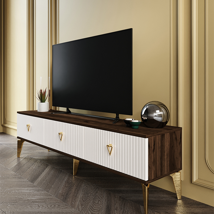 Ekru ve ceviz gold renkli 180 cm uzunluğunda Zeugma TV ünitesi