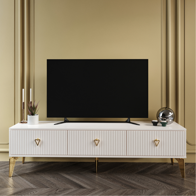 150 cm Zeugma MDF membran kapaklı TV sehpası ekru gold