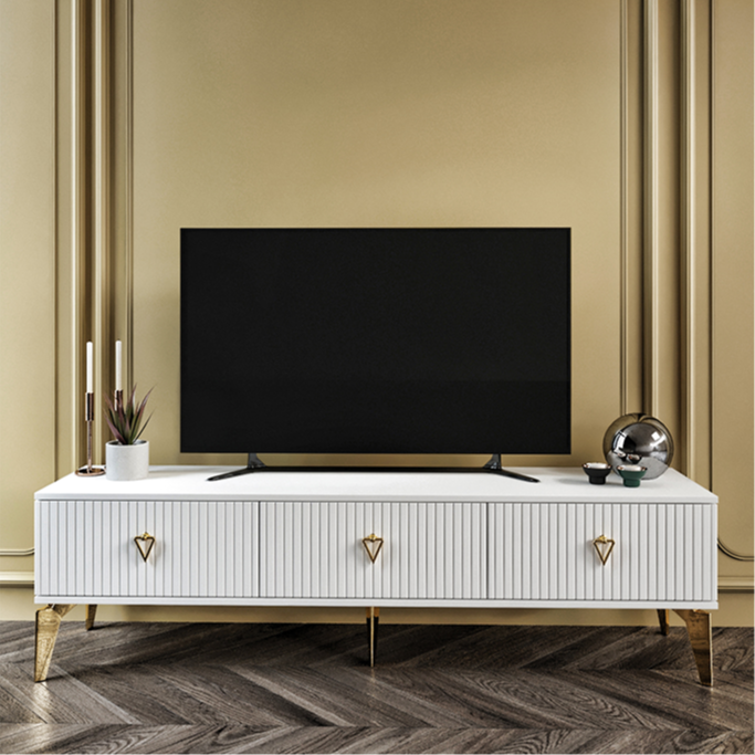 150 cm Zeugma MDF membran kapaklı TV sehpası beyaz gold