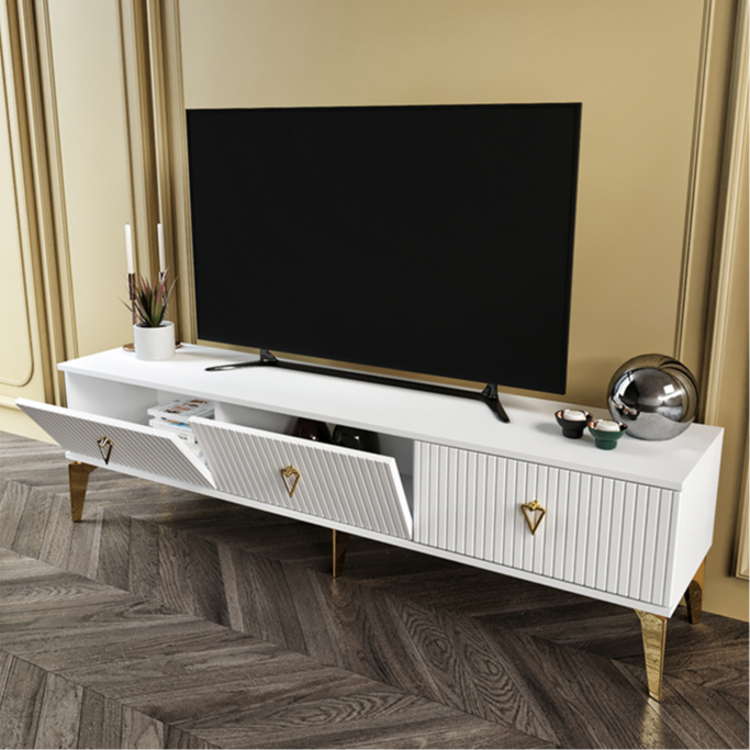 Modern 150 cm Zeugma TV ünitesi beyaz gold kapaklı