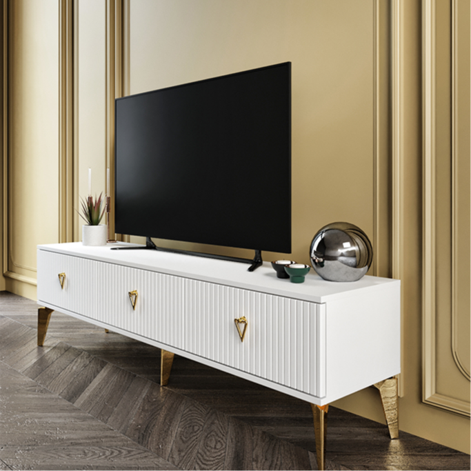 150 cm beyaz gold TV sehpası MDF membran kapak tasarımı