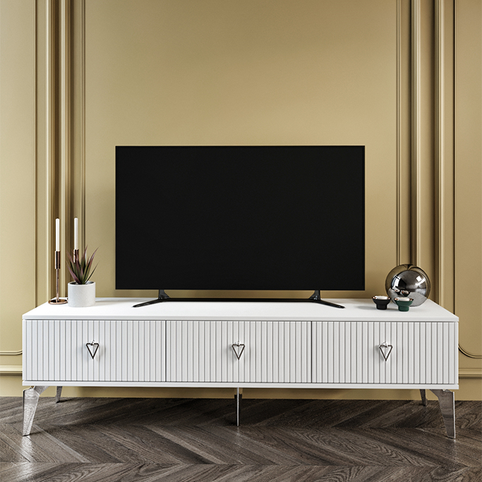 150 cm Zeugma MDF membran kapaklı TV sehpası beyaz gümüş
