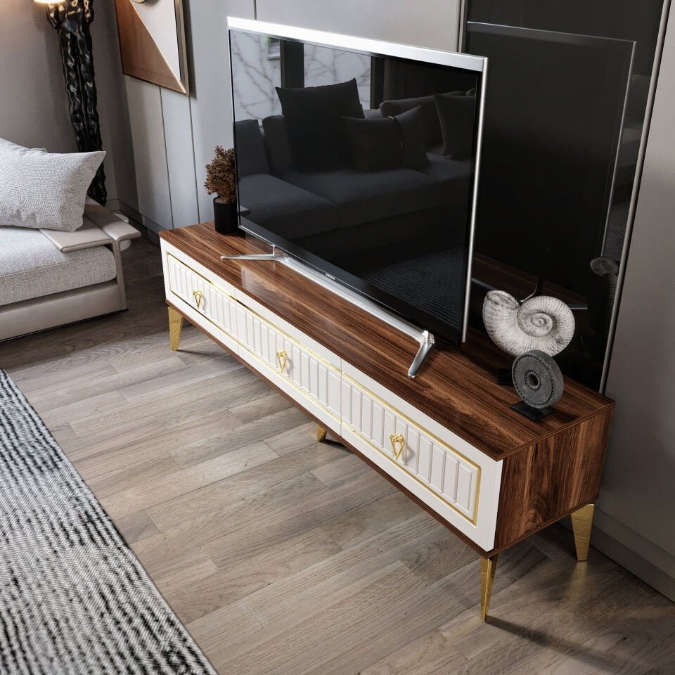 modern ekru ceviz gold MDF membran kapaklı 150 cm TV sehpası iç mekân