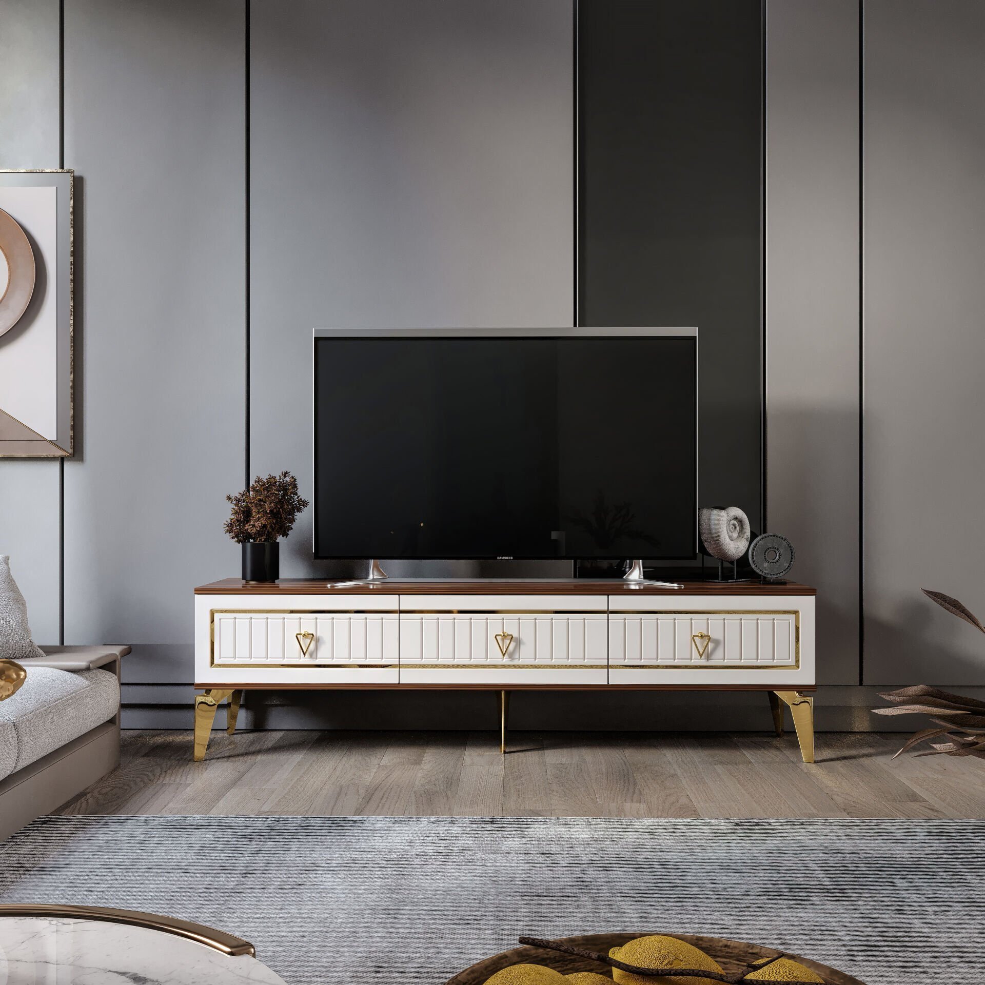 150 cm klas MDF membran kapak TV sehpası ekru ceviz gold ürün görseli