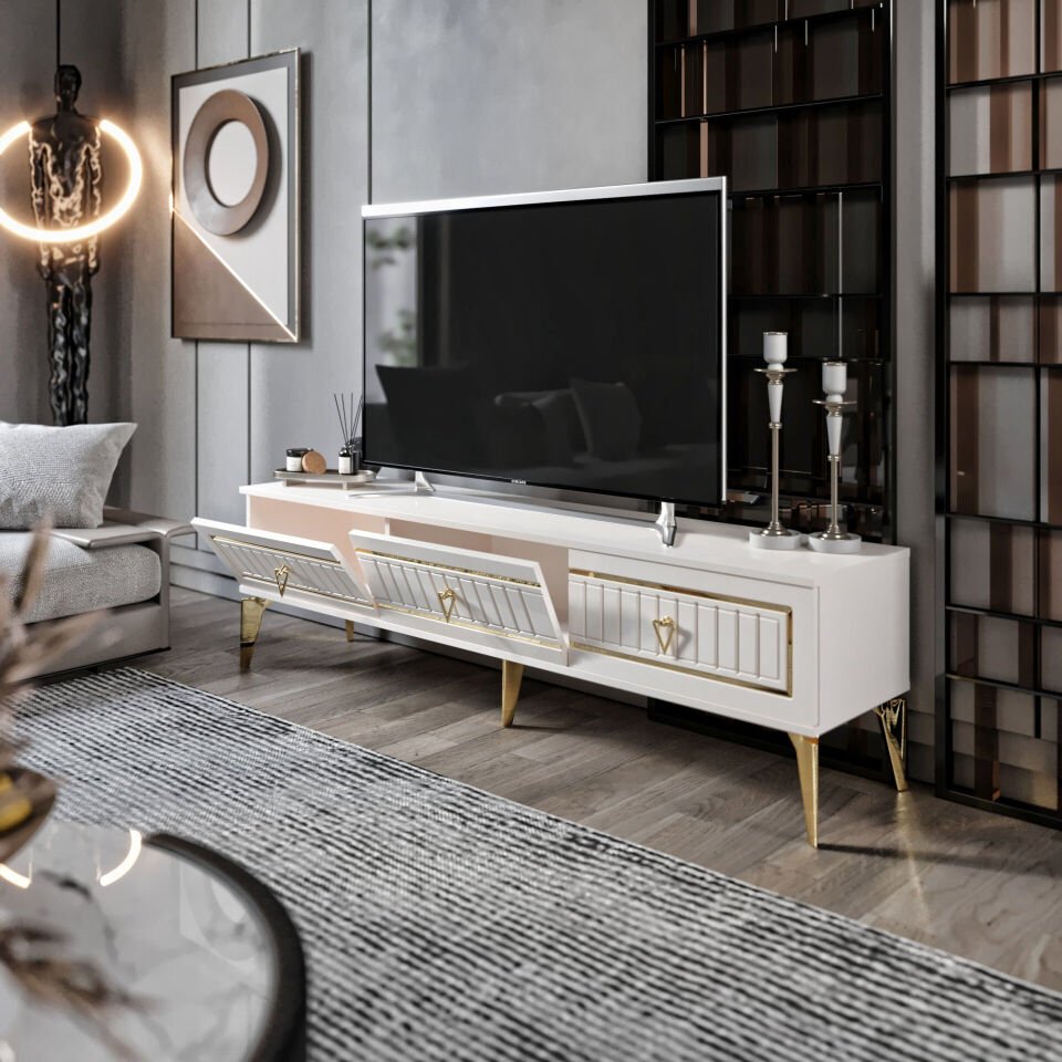 MapaHomeLiving 150 cm ekru gold TV sehpası MDF kapaklı