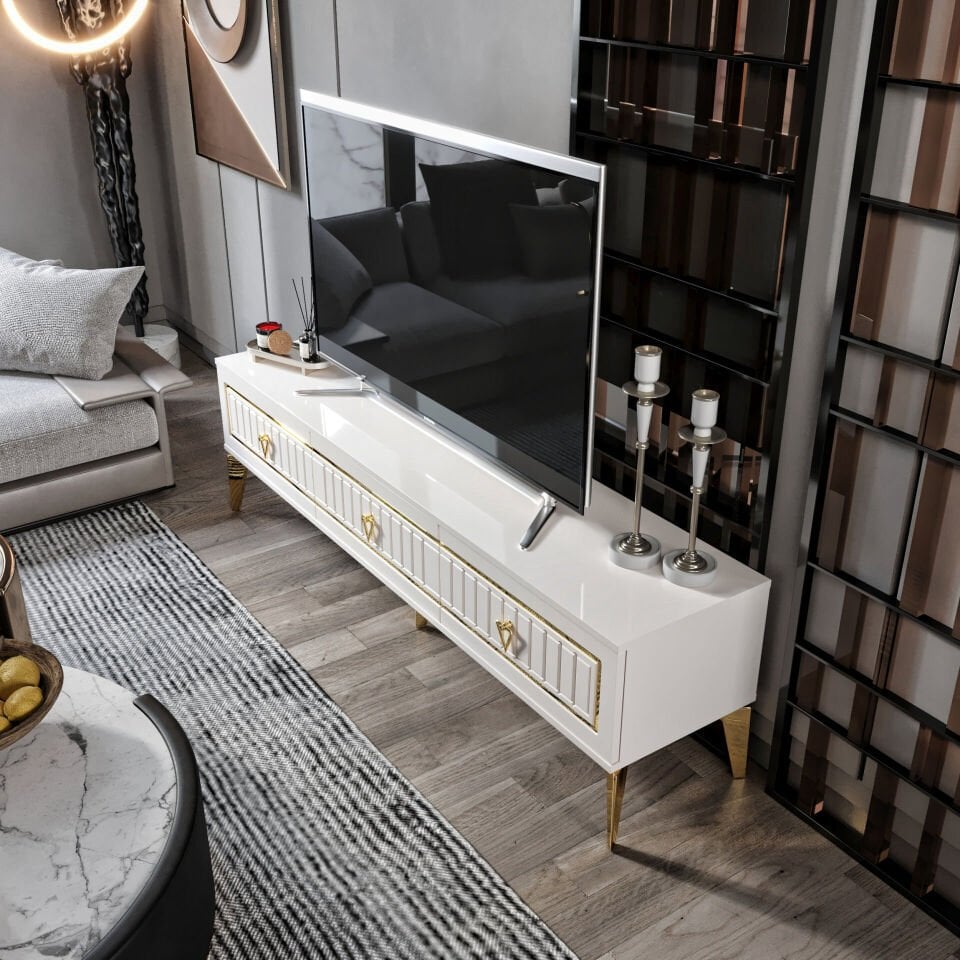 modern ekru gold 150 cm TV sehpası MDF membran kapak