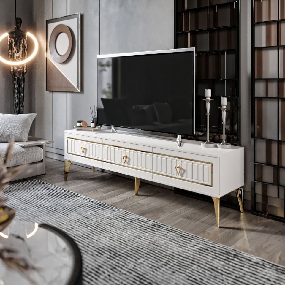 ekru gold MDF membran kapaklı 150 cm TV sehpası dekor
