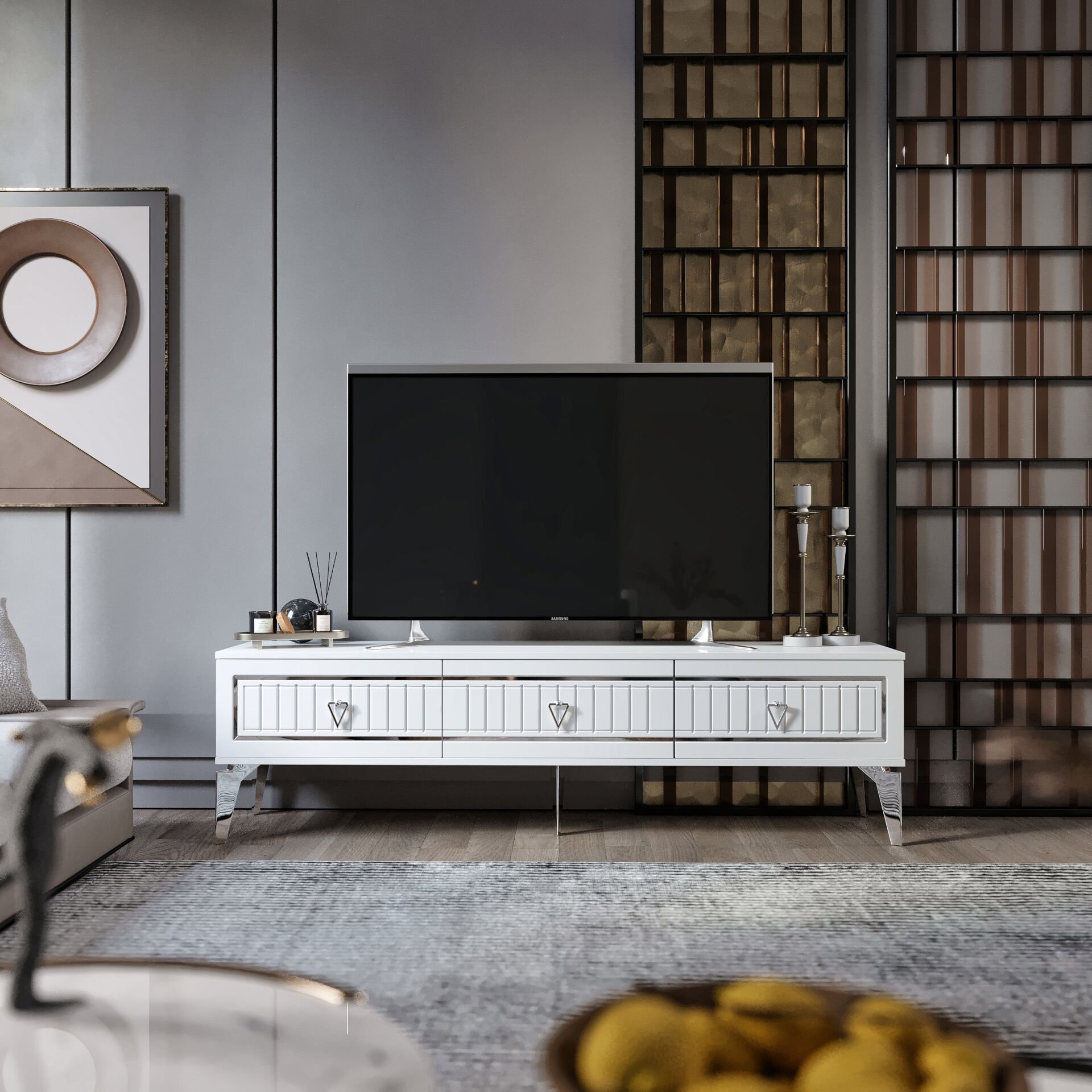 150 cm klasik MDF membran kapak TV sehpası beyaz gümüş