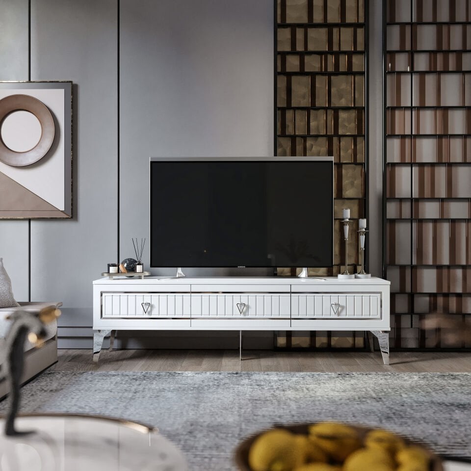 150 cm klasik MDF membran kapak TV sehpası beyaz gümüş