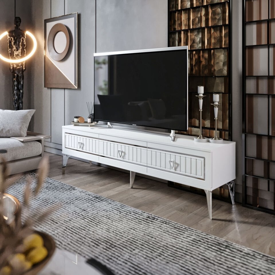 beyaz gümüş MDF membran kapaklı tv sehpası 150 cm