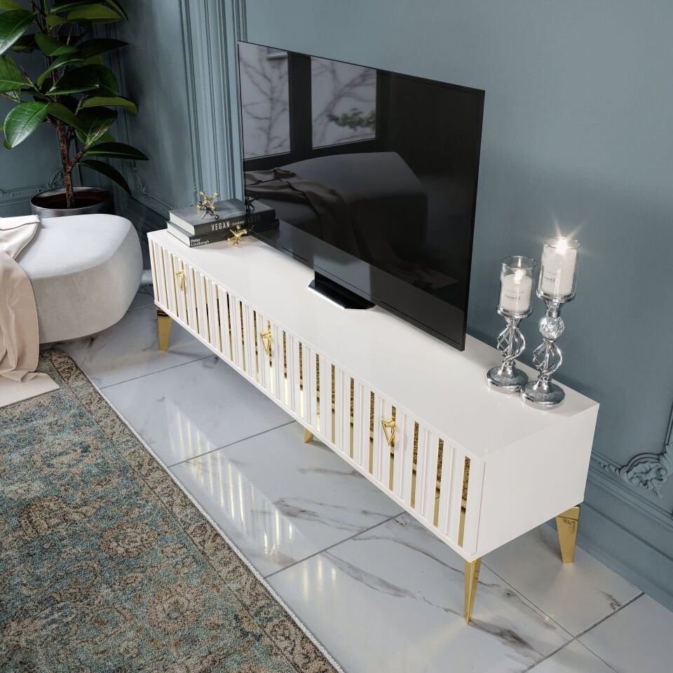 şık ve fonksiyonel 150 cm ekru-gold TV sehpası MDF mobilya ürünü
