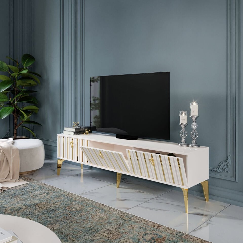 modern ekru-gold TV sehpası 150 cm MDF mebran kapaklı mobilya