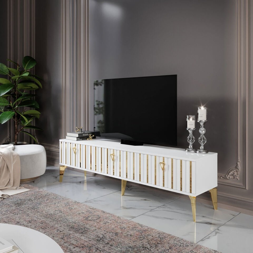modern beyaz-gold TV sehpası 150 cm MDF mebran kapaklı mobilya