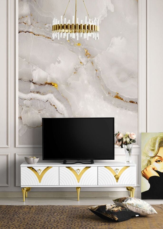 150 CM VİZYON METAL AYAK-MDF MEBRAN KAPAK TV SEHPASI BEYAZ GOLD