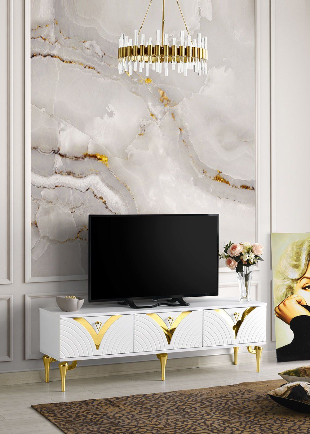 150 CM VİZYON METAL AYAK-MDF MEBRAN KAPAK TV SEHPASI BEYAZ GOLD