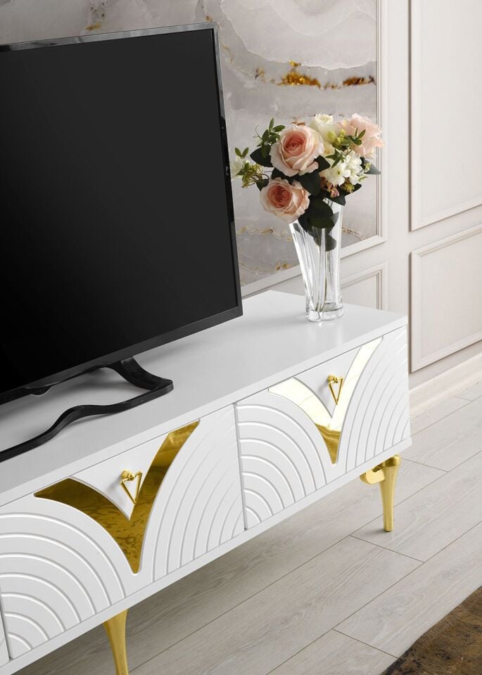 150 CM VİZYON METAL AYAK-MDF MEBRAN KAPAK TV SEHPASI BEYAZ GOLD