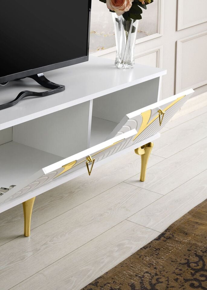 150 CM VİZYON METAL AYAK-MDF MEBRAN KAPAK TV SEHPASI BEYAZ GOLD