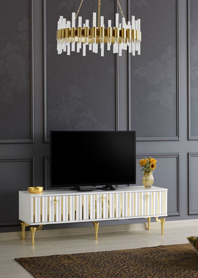 150 CM DUBAİ METAL AYAK-MDF MEBRAN KAPAK TV SEHPASI BEYAZ GOLD