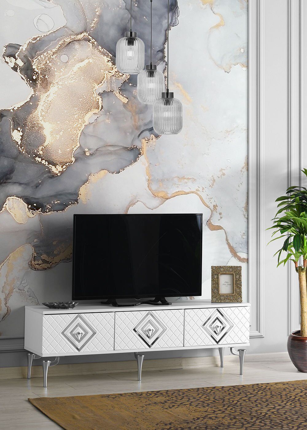 150 CM İLİZYON METAL AYAK-MDF MEBRAN KAPAK TV SEHPASI BEYAZ GÜMÜŞ