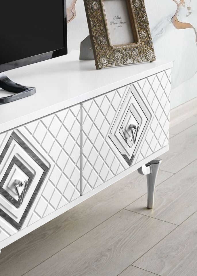 150 CM İLİZYON METAL AYAK-MDF MEBRAN KAPAK TV SEHPASI BEYAZ GÜMÜŞ
