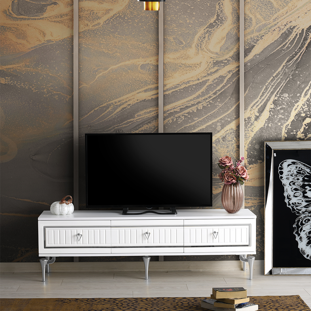 150 cm klas metal ayaklı MDF mebran kapak TV sehpası beyaz-gümüş modeli
