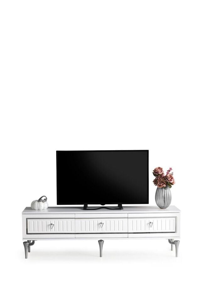 150 CM KLAS METAL AYAK MDF MEBRAN KAPAK TV SEHPASI BEYAZ GÜMÜŞ