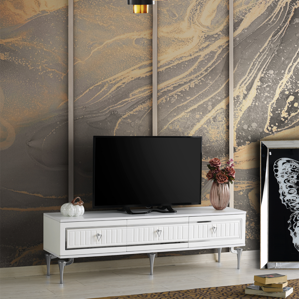 modern beyaz-gümüş TV sehpası 150 cm metal ayak ve MDF mebran kapak mobilya