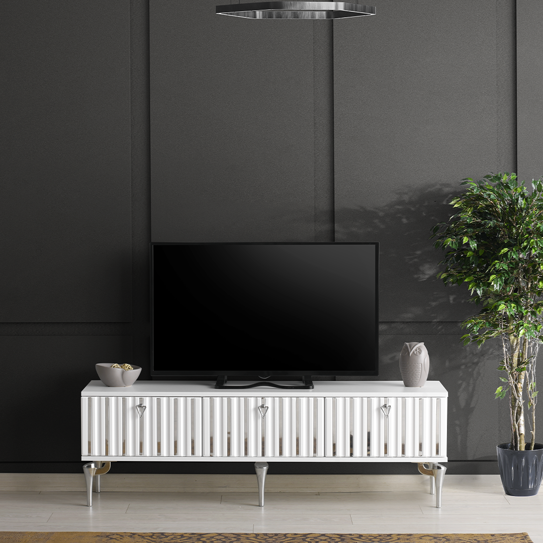 150 cm Dubai metal ayaklı MDF mebran kapak TV sehpası beyaz-gümüş