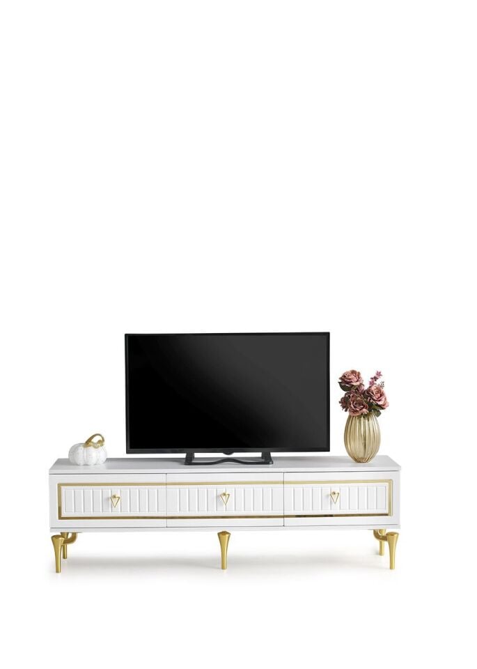 150 CM KLAS METAL AYAK MDF MEBRAN KAPAK TV SEHPASI BEYAZ GOLD