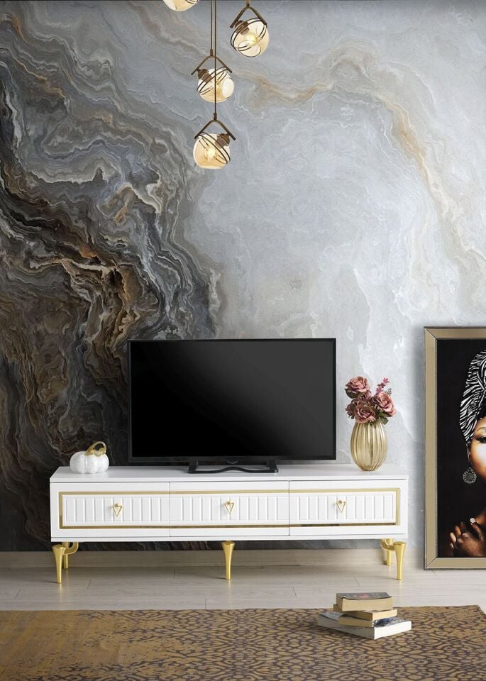 150 CM KLAS METAL AYAK MDF MEBRAN KAPAK TV SEHPASI BEYAZ GOLD