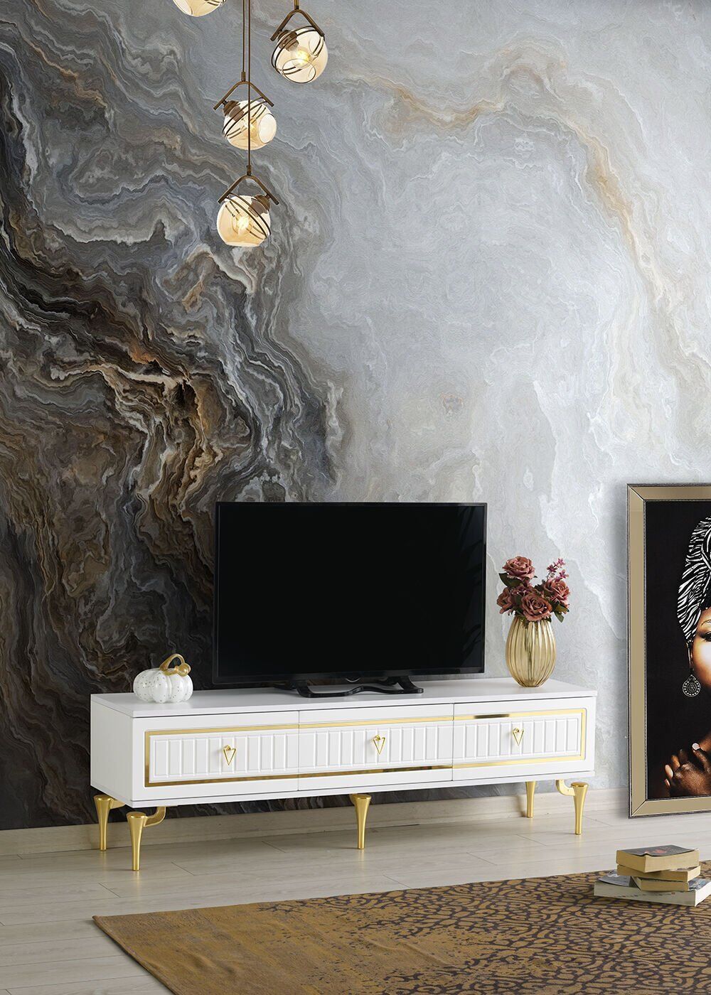 150 CM KLAS METAL AYAK MDF MEBRAN KAPAK TV SEHPASI BEYAZ GOLD