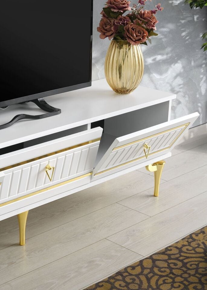 150 CM KLAS METAL AYAK MDF MEBRAN KAPAK TV SEHPASI BEYAZ GOLD