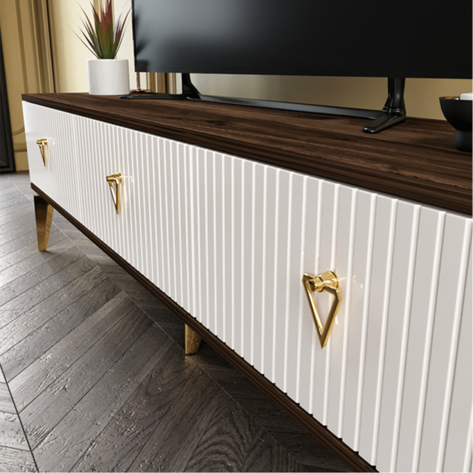 şık ekru ceviz gold 180 cm MDF membran kapaklı TV ünitesi ev dekoru