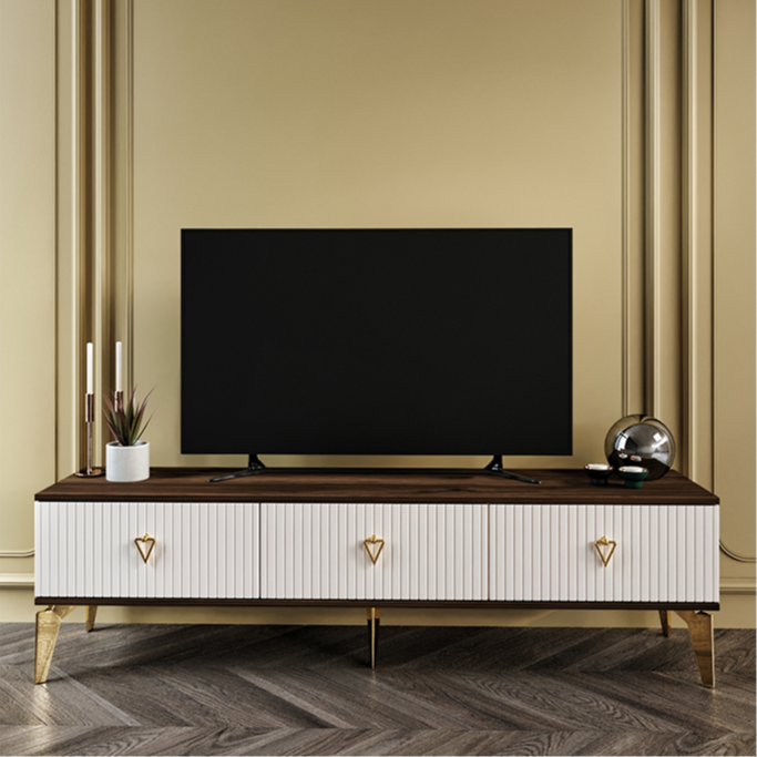 180 cm Zeugma MDF membran kapak TV sehpası ekru ceviz gold ürün görseli