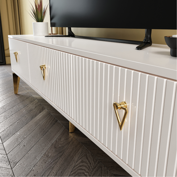 şık ekru gold 180 cm MDF membran kapaklı TV ünitesi ev dekoru
