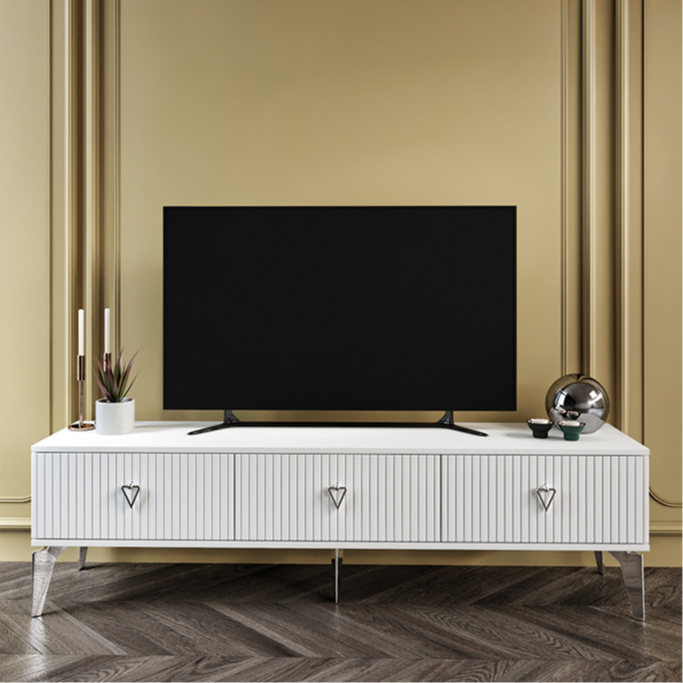 180 cm Zeugma MDF membran kapak TV sehpası beyaz gümüş ürün görseli