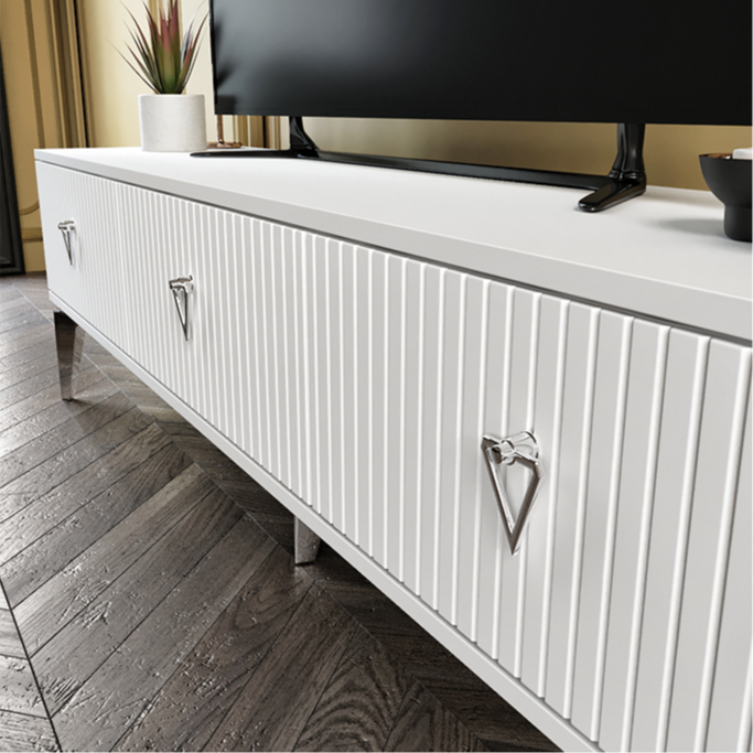 modern 180 cm MDF membran kapaklı beyaz gümüş TV ünitesi
