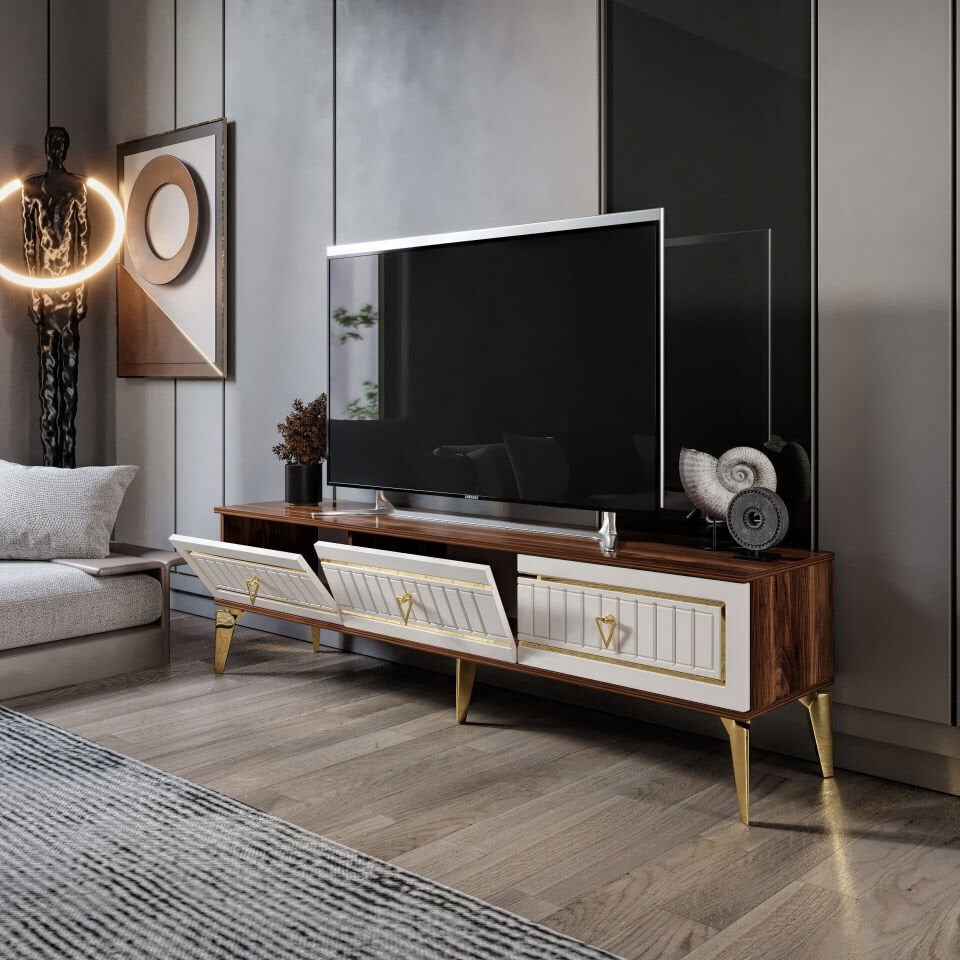 MapaHomeLiving 180 cm klas TV sehpası ekru ceviz gold MDF kapaklı