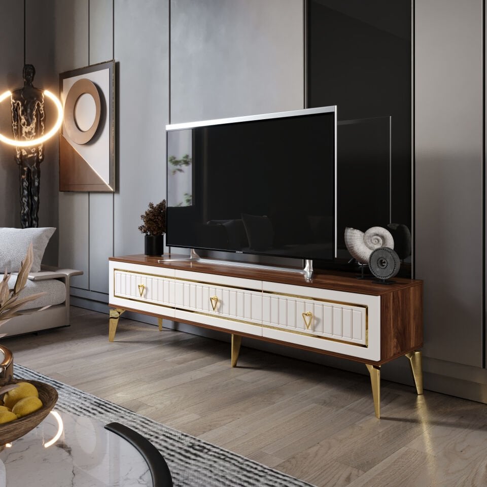ekru ceviz gold 180 cm MDF membran kapak TV sehpası salon dekoru
