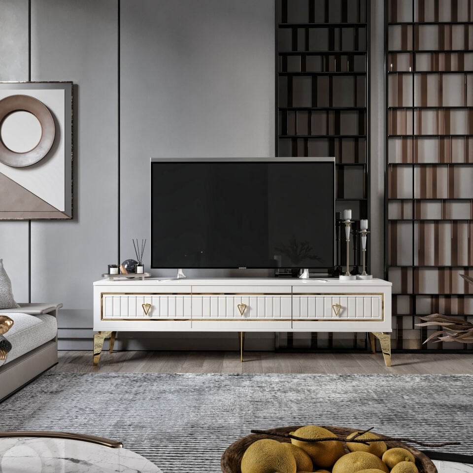 180 cm klas MDF membran kapak TV sehpası ekru gold ürün görseli