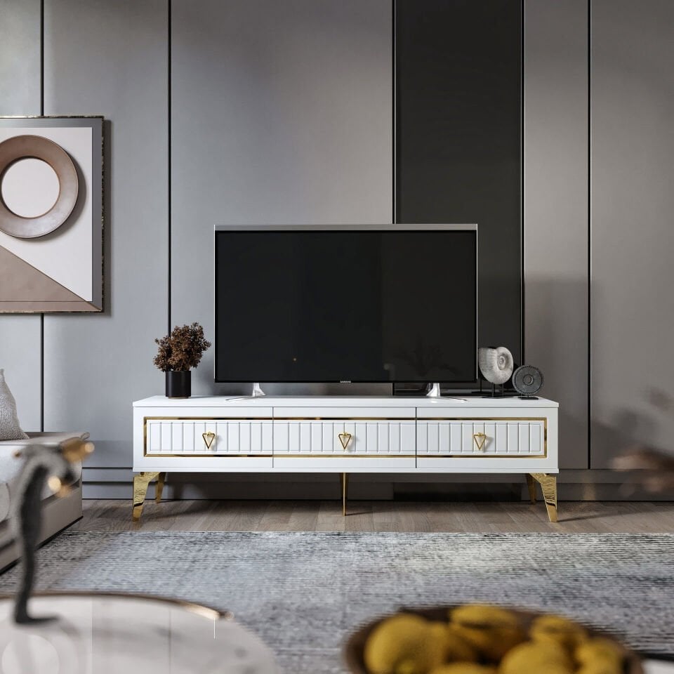 180 cm klas MDF membran kapak TV sehpası beyaz gold ürün görseli