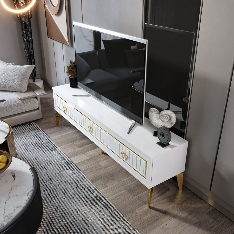 modern 180 cm beyaz gold MDF membran kapaklı TV ünitesi