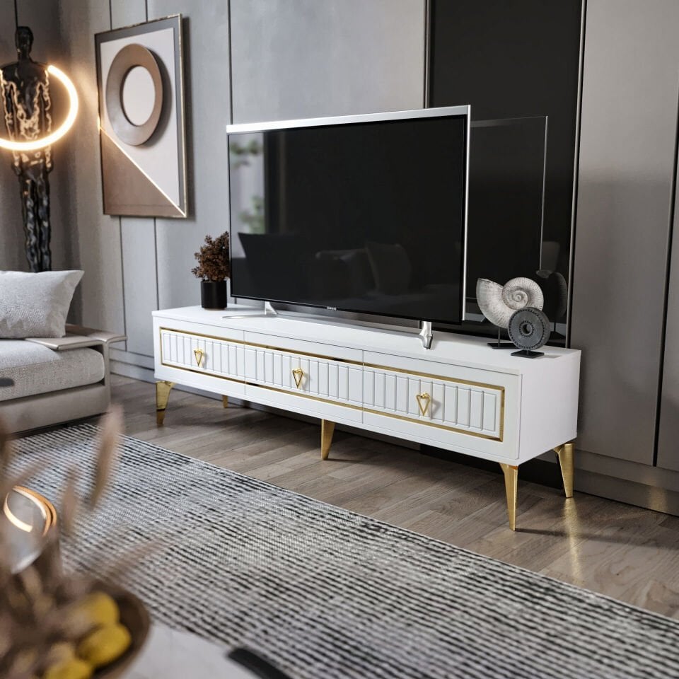 beyaz gold 180 cm MDF membran kapak TV sehpası salon dekoru