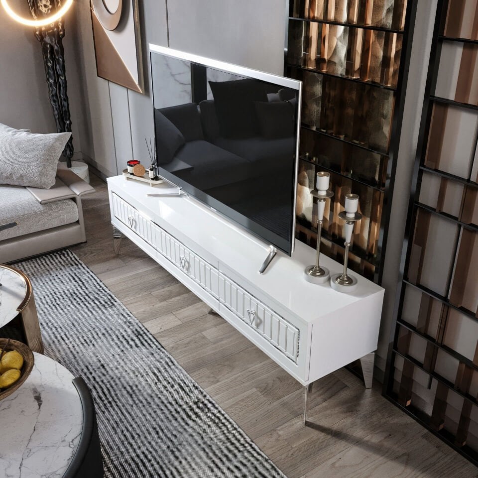 modern 180 cm beyaz gümüş MDF membran kapak TV ünitesi