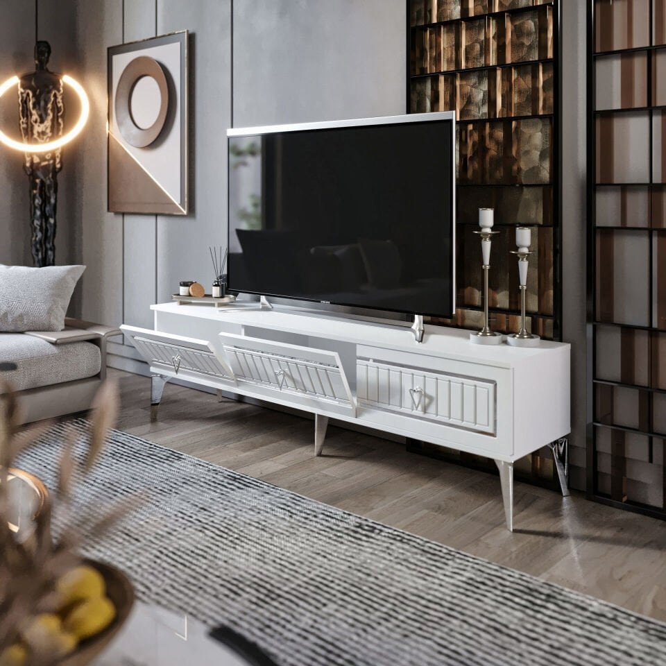 MapaHomeLiving 180 cm beyaz gümüş TV sehpası MDF kapaklı model