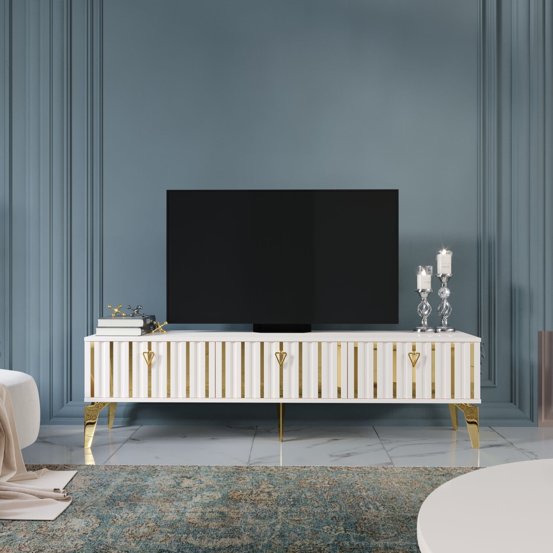 180 cm Dubai MDF membran kapak TV sehpası ekru gold ürün görseli