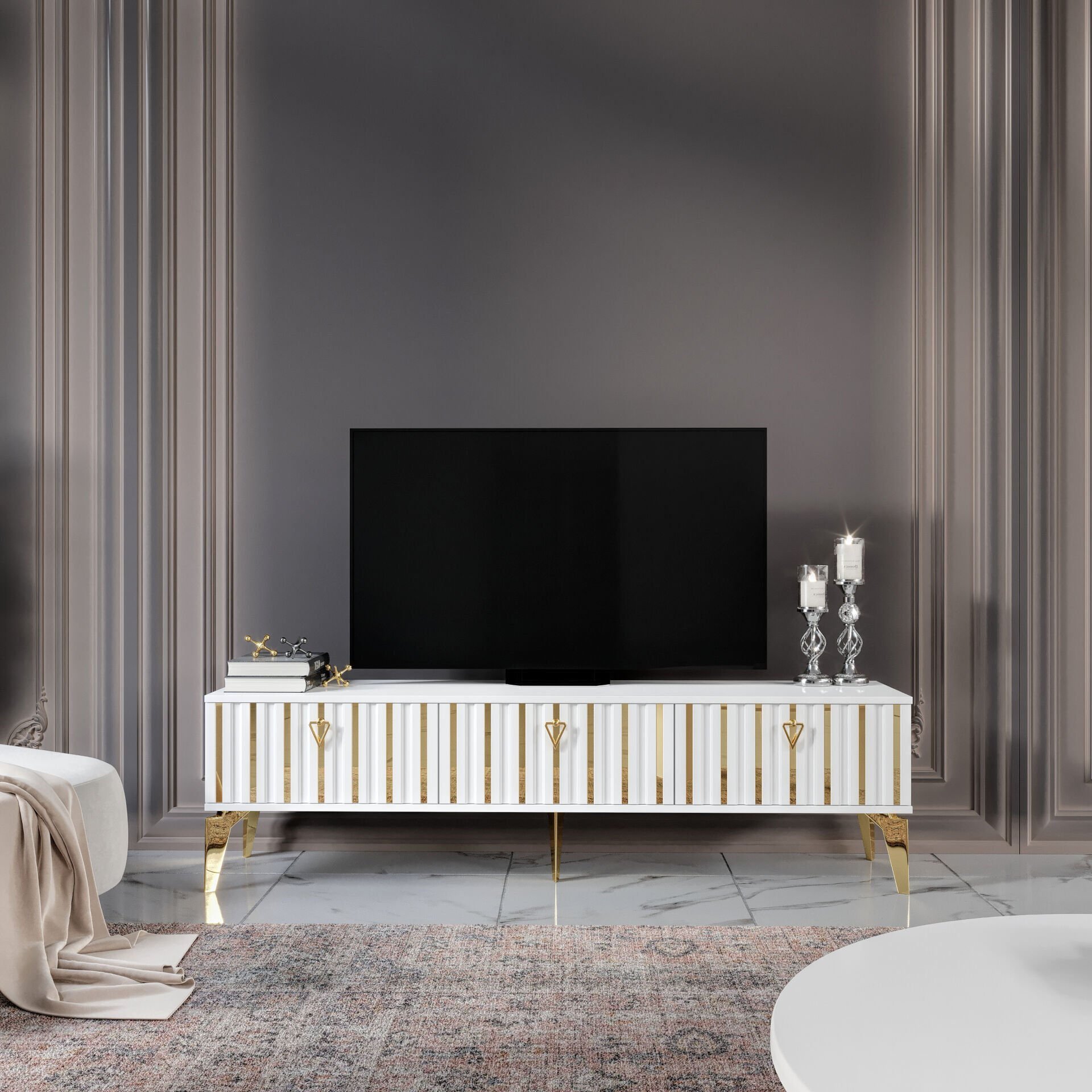 180 cm Dubai MDF membran kapak TV sehpası beyaz gold ürün görseli