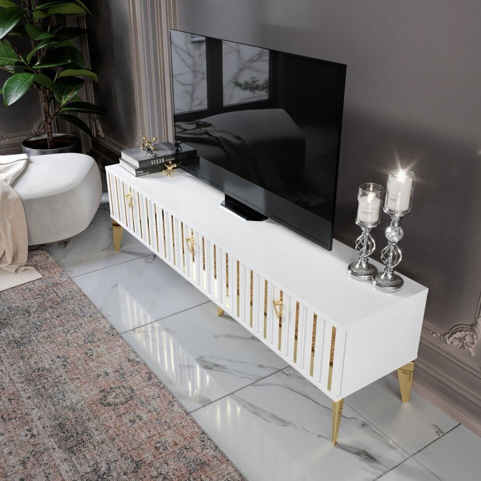 modern 180 cm beyaz gold MDF membran kapak TV ünitesi